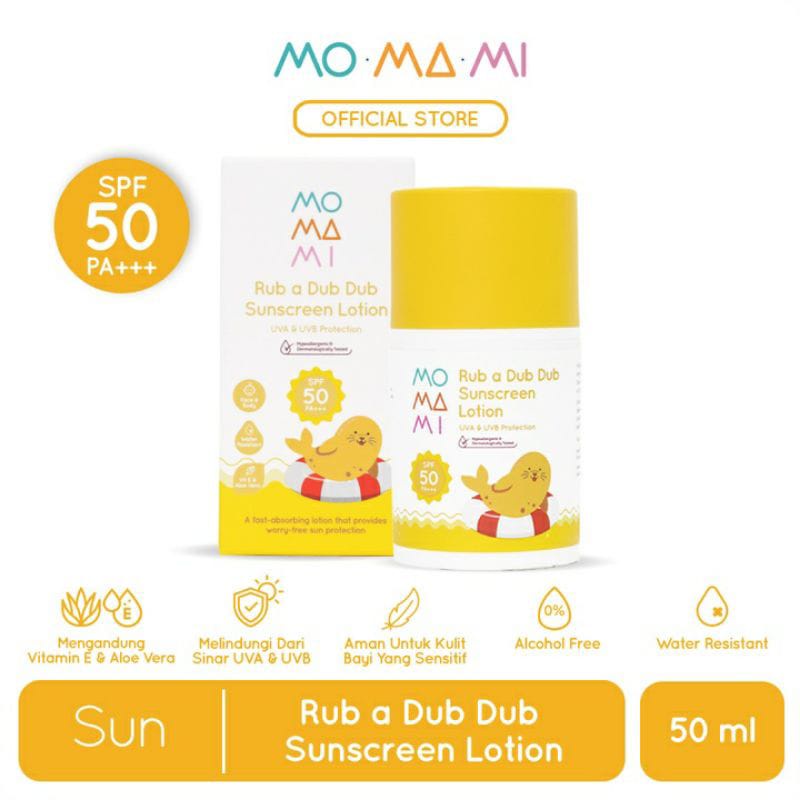 MOMAMI RUB A DUB SUNSCREEN LOTION SPF 50 PA+++ (50ML) / Momami Itsy Bitsy Sun Stick (15gr) - Stik Tabir Surya / UNTUK BAYI DAN ANAK (SUNSCREEN) / sunscreen dalam bentuk stik / trevelling / pelindung sinar matahari / uva / uvb / aman kulit sensitif