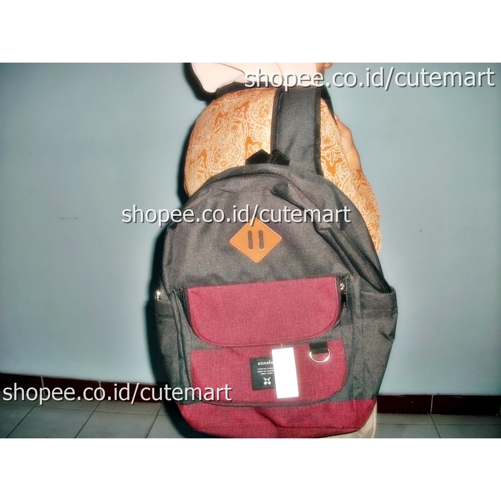 Tas Ransel Backpack Laptop Annelo, Warna Coklat Tua Kombinasi Merah Maroon, Muat Laptop 14inch, Baru