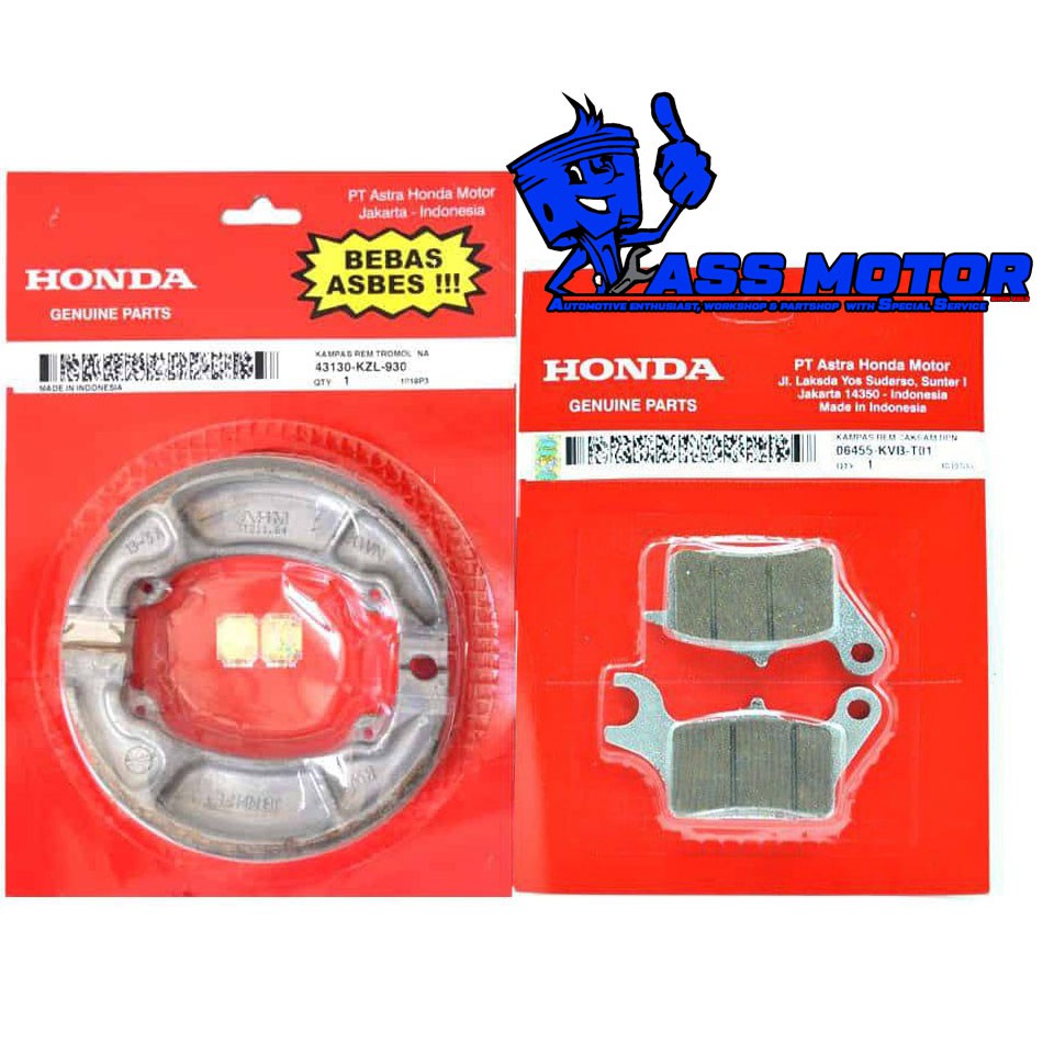 PAKET KAMPAS REM DEPAN & BELAKANG VARIO, BEAT, SCOOPY, BRAKE SHOE CLICK, ICON  43120-KZL 06455-KVB K