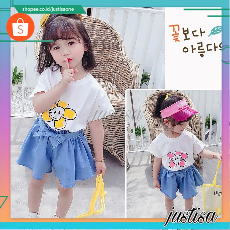 Promo !! Setelan baju anak cewek imut / setelan smile flower so full import ukuran 1tahun (putih)