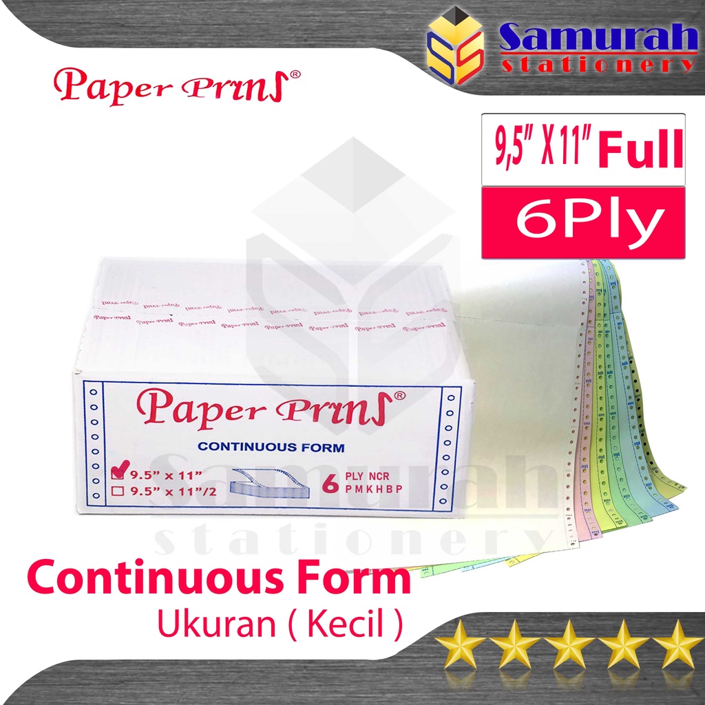 

Kertas Continuous Form Paper Prins 9,5 x 11" ( Full ) Atau 9,5 x 11/2 " ( Bagi 2 ) K6 Ply NCR PRS / Kertas Komputer Karbon PaperPrins Rangkap 6 Warna / CF Paperpryns 6 Ply Carbonize