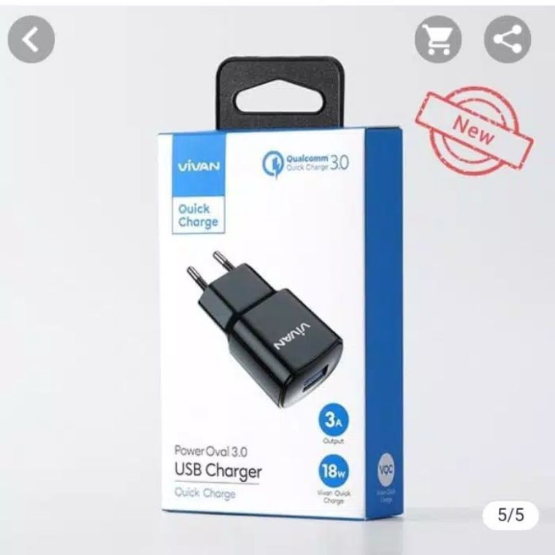 (ORIGINAL 100%)VIVAN Adaptor Charger Power Oval 3.0 18W Batok Quick Charge 3A Fast Charging