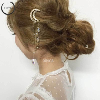 Jepit Rambut Bulan Berlian Imitasi Kristal Pendant Pin Rumbai Hairclip Perhiasan