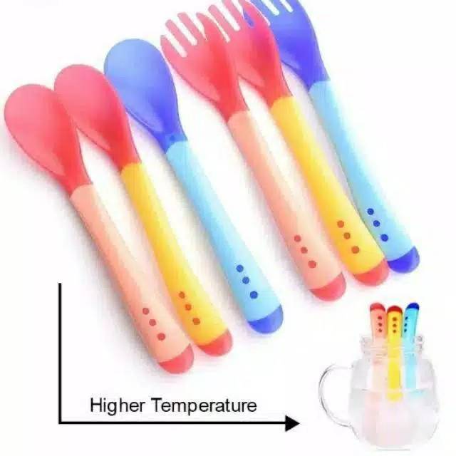 Sendok Garpu Set Sensor Panas Sendok Makan Bayi SENDOK/GARPU SILICONE SENSOR PANAS UNTUK Makan MPASI BAYI