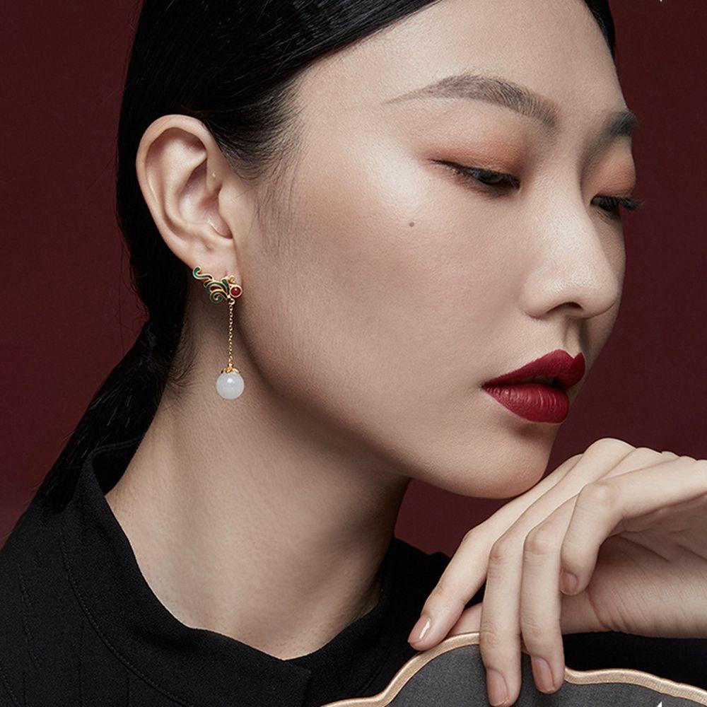 Agustinina Anting Perempuan Elegan Fashion Geometri Sederhana Merah Gaya Cina Kuno Perhiasan Anting Menjuntai Panjang Hijau Gaya Cina Ear Drop