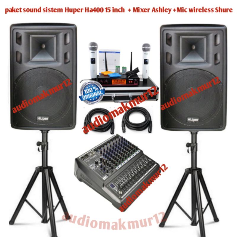 paket sound sistem outdoor dan indoor Huper ha400 15inch original 1paket komplit mixer Ashley dan mic wireless shure