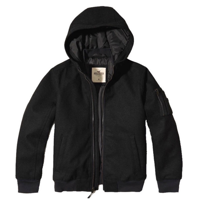 Jaket Hollister Wool Blend Hooded Bomber Jacket Black Original BNWT