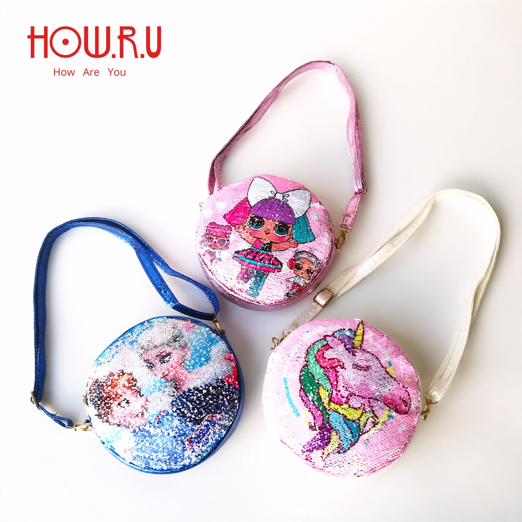 HOW.R.U | Tas Selempang Anak Dobel Sequin Bisa Ganti Desain Model Bundar Motif Kartun 0120