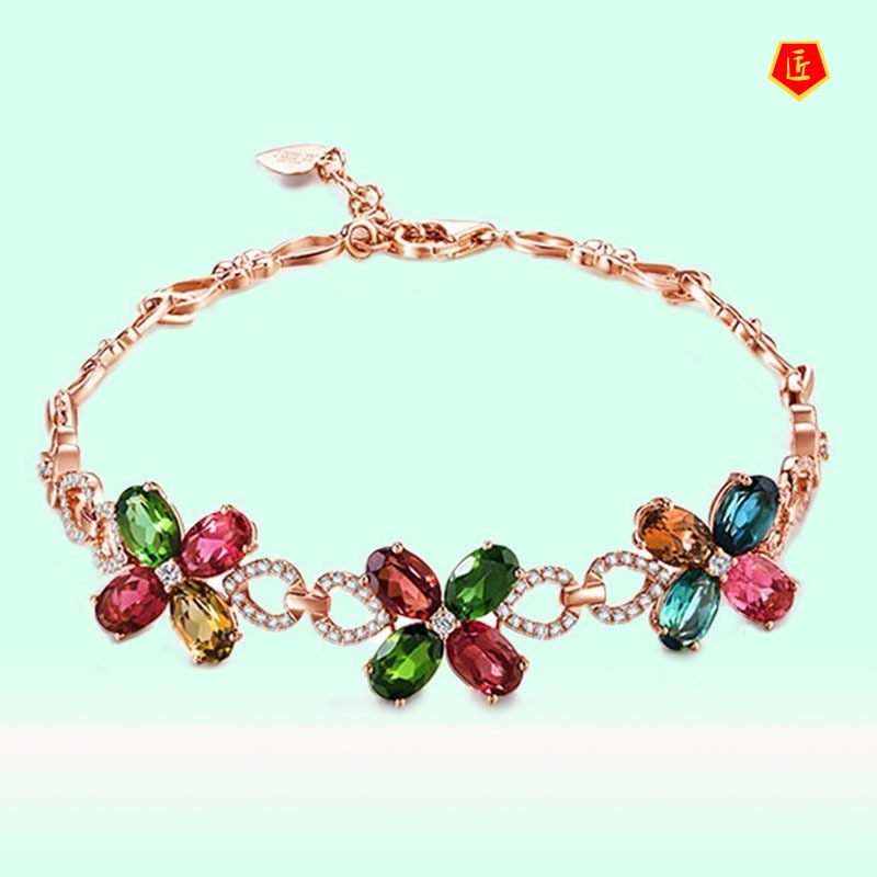 [Ready Stock]Fashionable Rose Gold Flower Colored Gems Bracelet