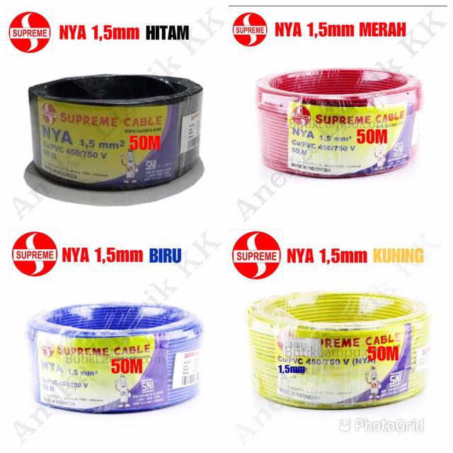SUPREME NYA 1,5mm 50M KABEL TUNGGAL 1.5mm 50Meter 1.5 mm 1,5 mm HITAM MERAH KUNING BIRU