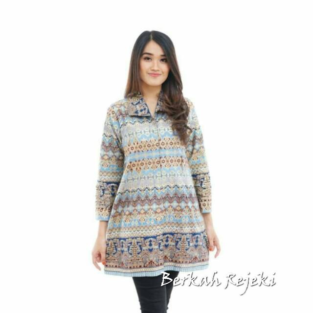 Super Hot Atasan Tunik Cewek Biru Batik Berkah Rejeki Terbatas