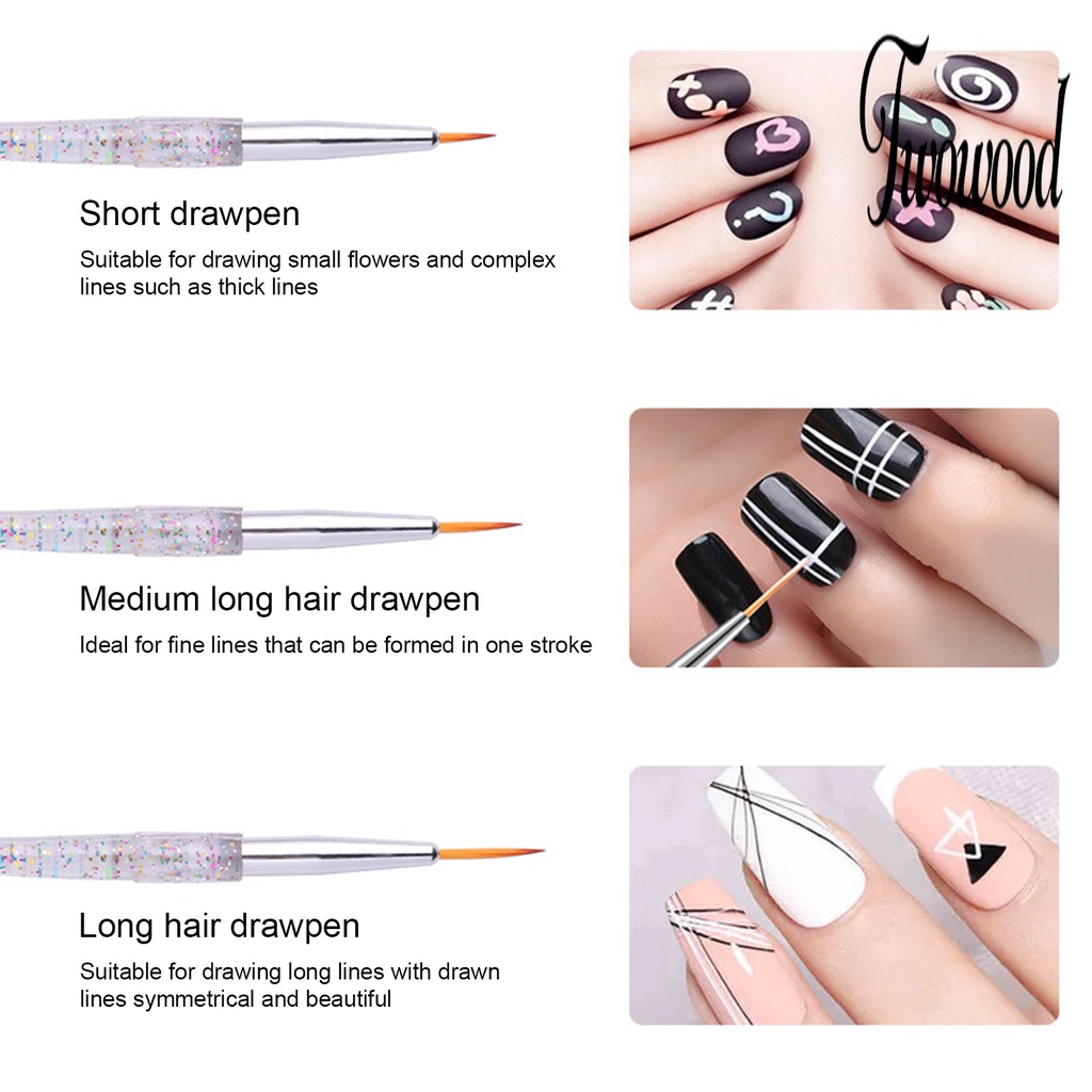 Twowood 3Pcs / Set Brush Nail Art UV Gel Extension Bulu Lembut Ringan Untuk Wanita