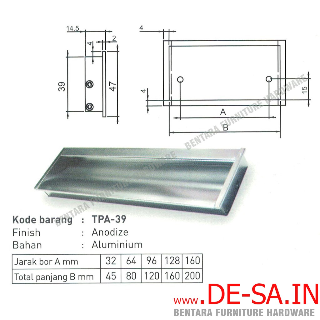 HUBEN TPA-39 32 MM ANODIZE - Tarikan Laci Tanam Meja Lemari Kabinet Gagang Pintu Handle Drawer Aluminium