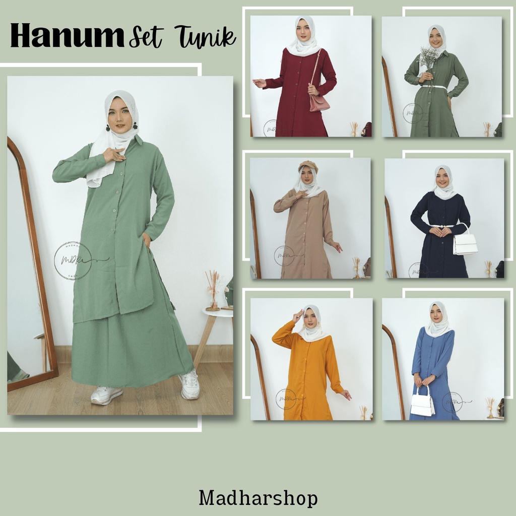 One Set + Rok Tunik HANUM Busui Wanita Muslim Jumbo Bahan Itty Creepe Terbaru Size M L XL XXL / Setelan Wanita Remaja Full Kancing Depan Aktif Polos Beraneka Warna