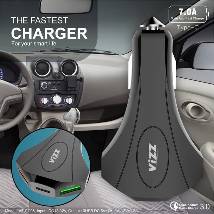 Car Charger Saver Mobil Cas Mobil Vizz CC05 Qualcomm Quick Charger 3.0 2USB 7.0A Kabel 1 Meter
