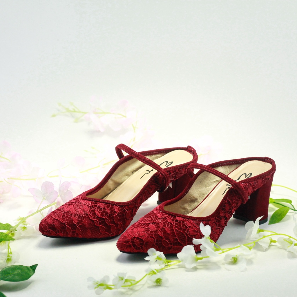 EMYE Heels Brukat Pengantin Wanita Hak Tahu 7cm  / Sandal Pengantin Wanita Terbaru /  Sandal Kondangan Wanita Brukat Original