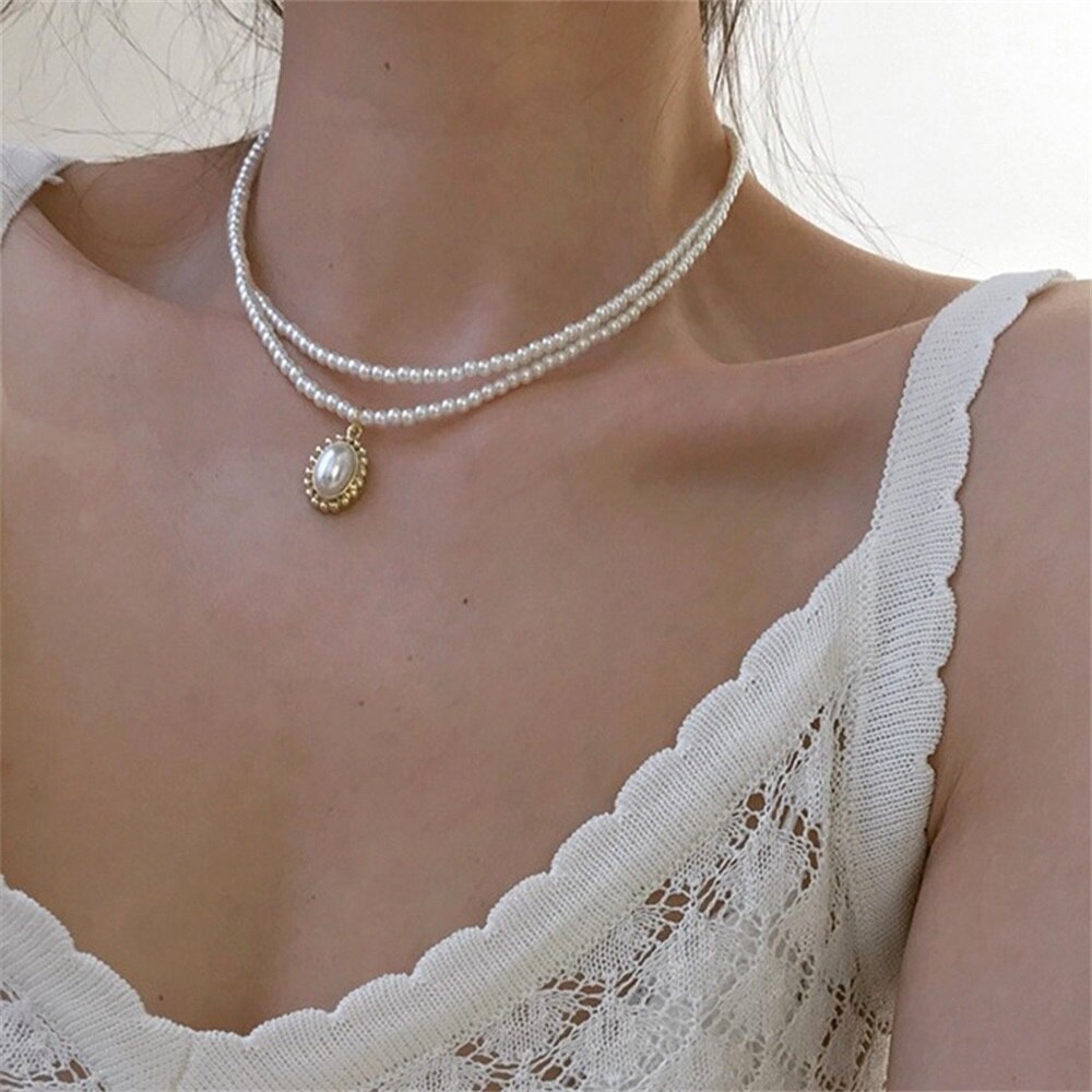 Kalung Choker Rantai Klavikula Hias Mutiara Imitasi Warna Putih Untuk Wanita