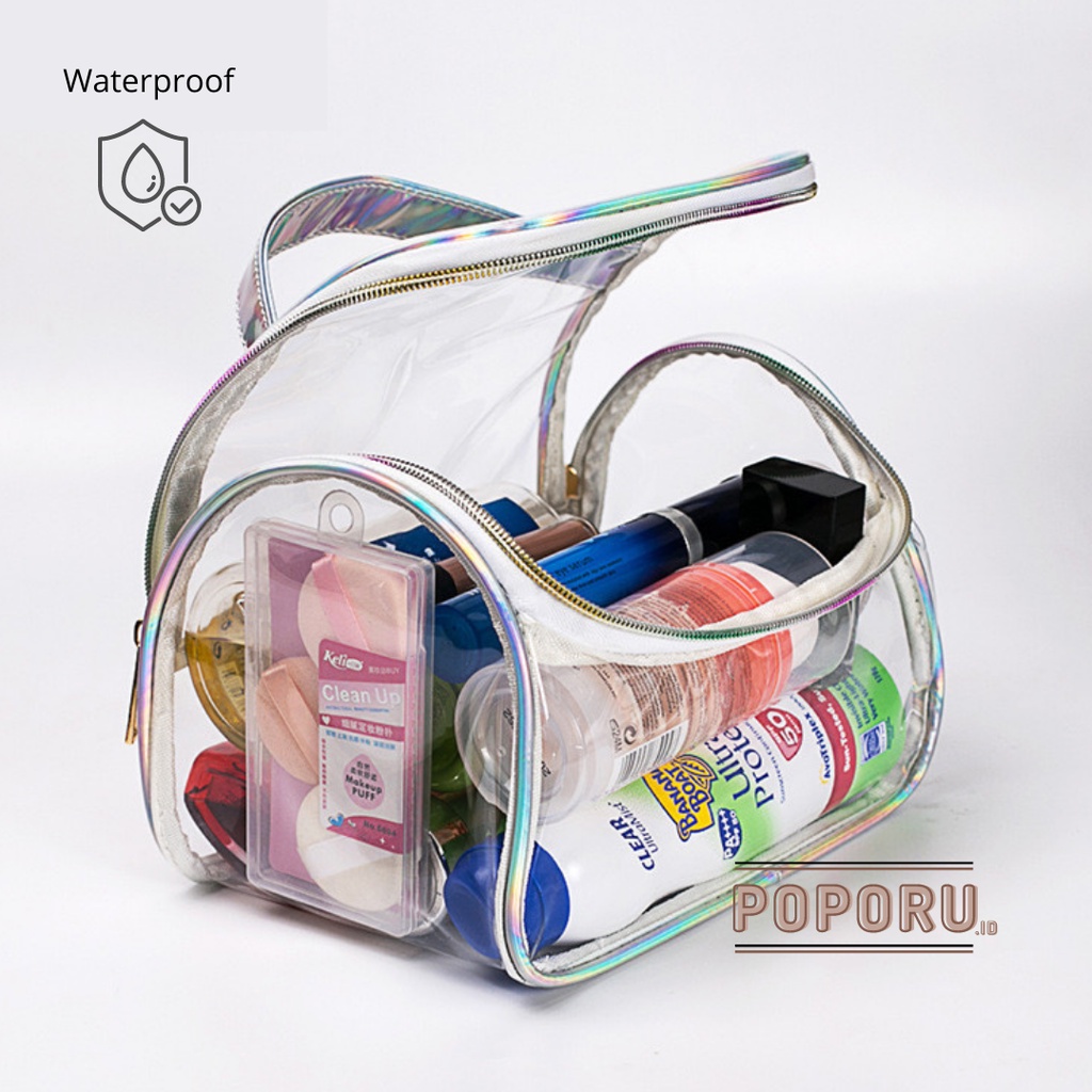 POPORU CLEAR HOLO Handy Pouch / Tas Kosmetik Bening / Pouch Transparan Travel  Murah / Anti Air PVC