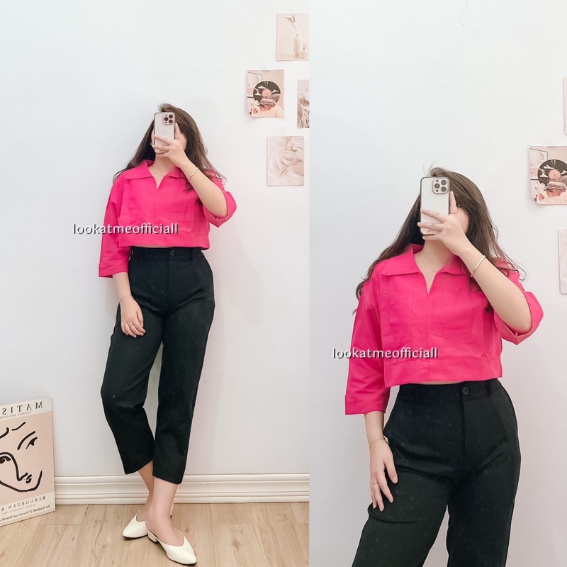 lookatmeofficial • Atasan Blouse Jessica Oversize Crop Shirt - Kemeja Crop Bahan Linen Oversize