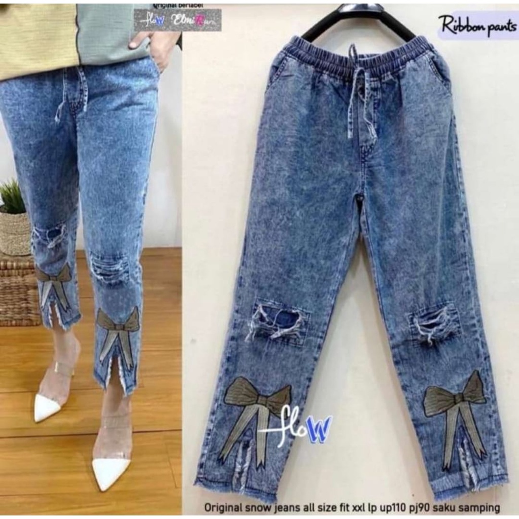 PITA Pants Celana Jeans Panjang Wanita Warna Snow Blue Aksen Pita Tempel | Outfit Remaja Terbaru Kekinian