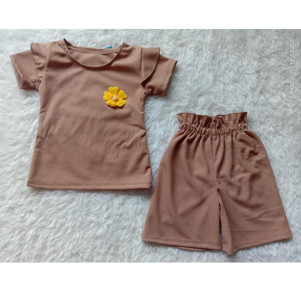 ➤ setelan anak perempuan knit mango waffle lengan pendek setelan kulot anak perempuan knit ..,..