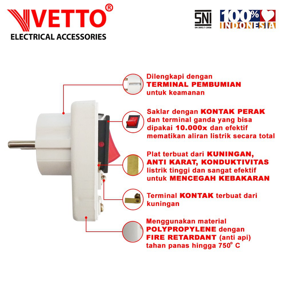 VETTO Steker Arde VS-228 + Saklar On/OFF - SNI