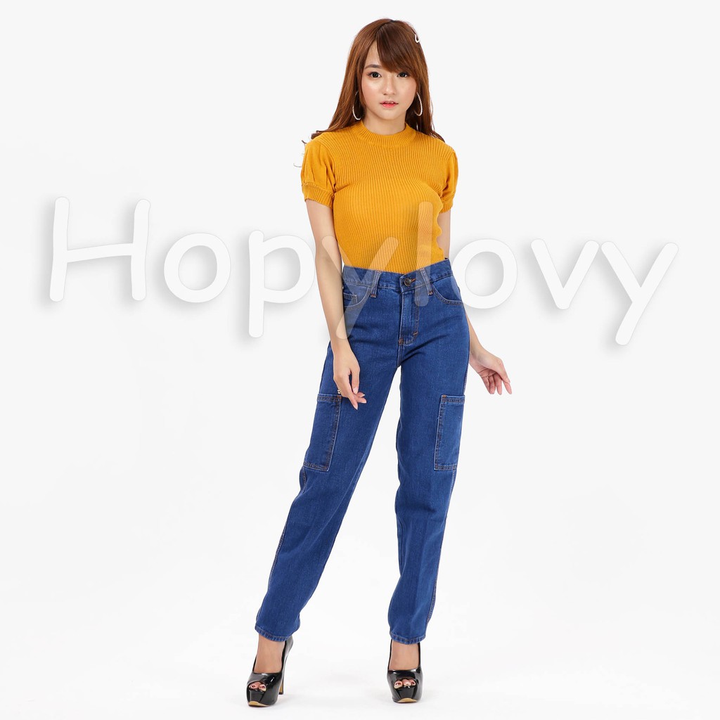 HOPYLOVY - Celana Boyfriend Jeans Wanita Kantong Samping Cargo Amaia