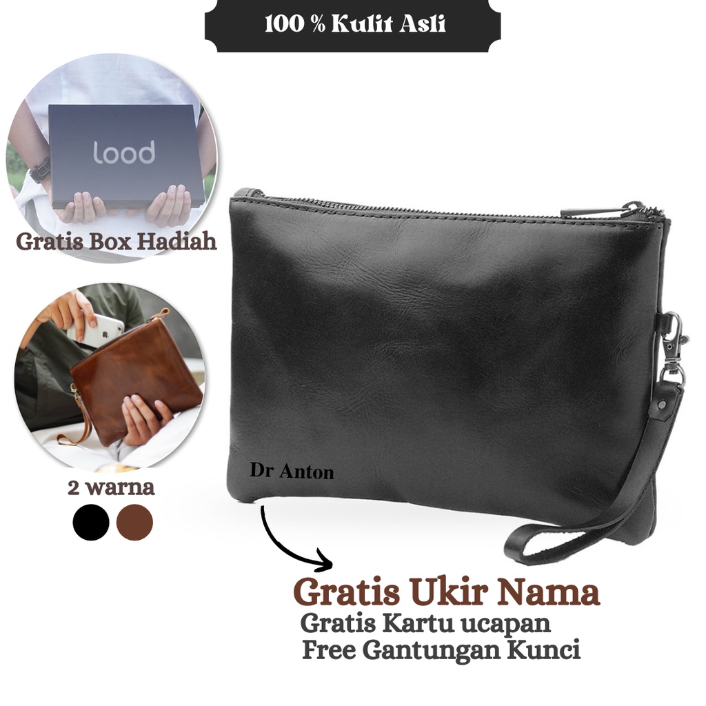 CLUTCH  HANDBAG POUCH PRIA WANITA UNISEX KULIT ASLI ORIGINAL 100% TAS TANGAN HEATHER - GRATIS UKIR NAMA