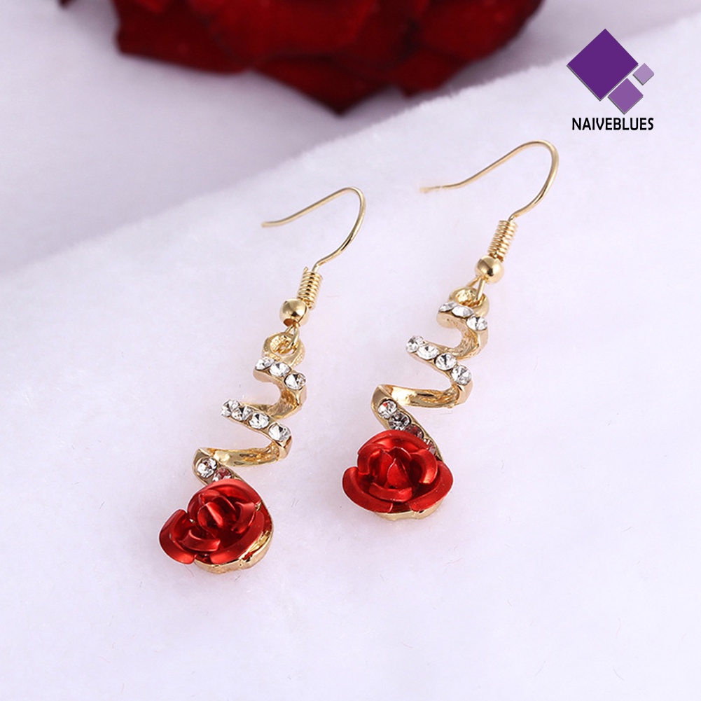 Anting Kait Gantung Wanita Desain Mawar Merah Hias Berlian Imitasi Untuk Hadiah