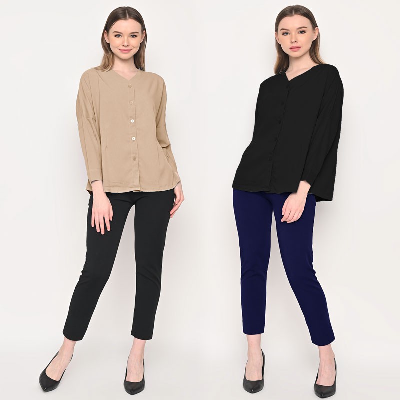 ARENA - Vneck Blouse Kancing Depan Wanita