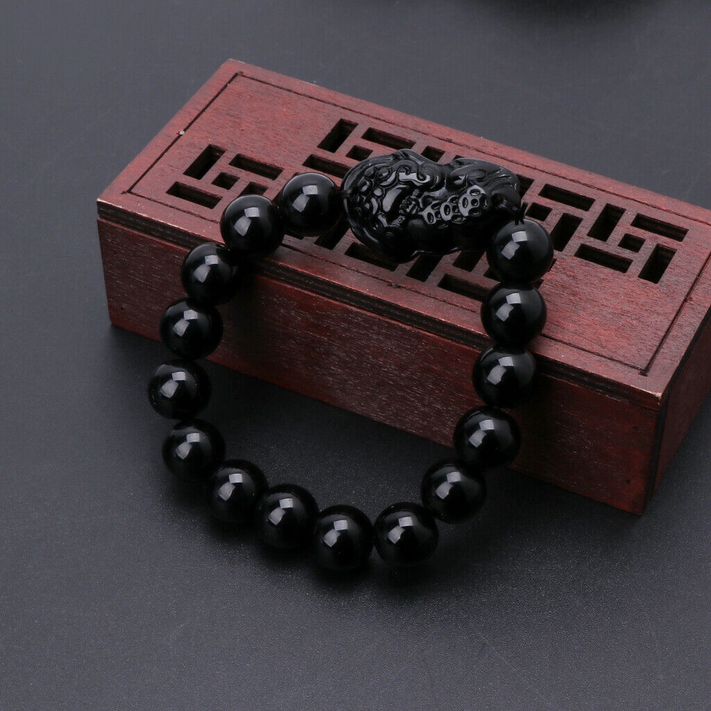 Gelang Manik-Manik Batu Obsidian Feng Shui Warna Hitam Emas Gaya China Untuk Unisex