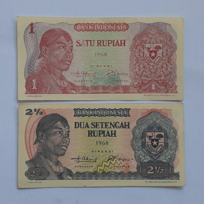 Uang kuno kertas 1 dan 2,5 Rupiah Sudirman tahun 1968