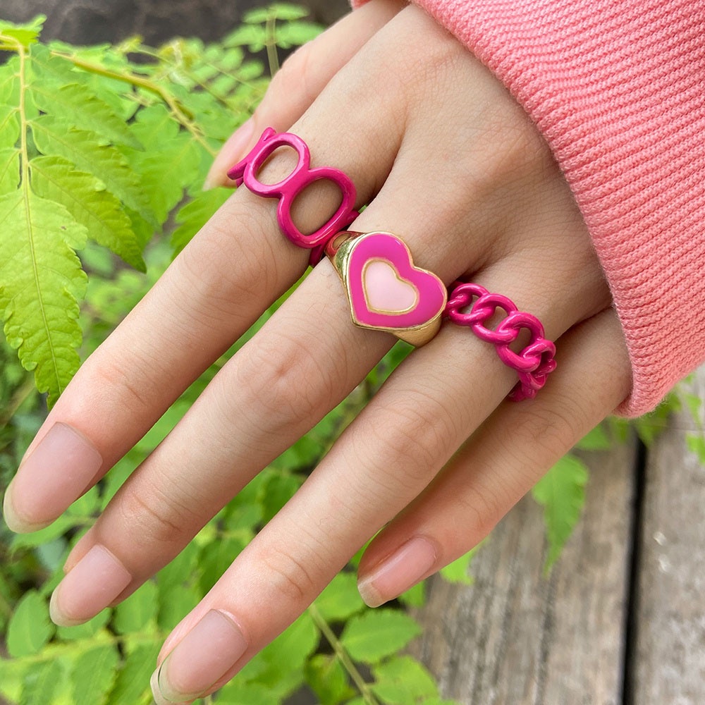 3pcs / Set Cincin Bentuk Hati Geometris Warna Pink Untuk Wanita