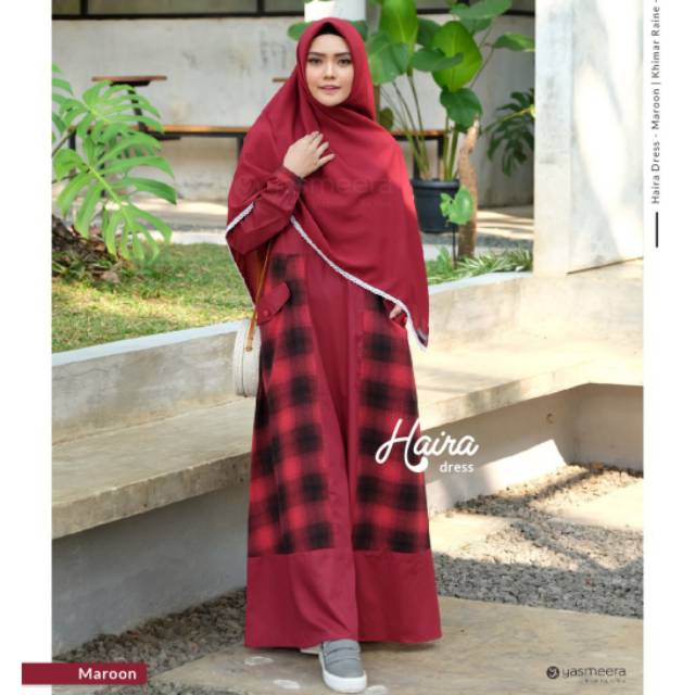 Gamis Haira Dress Warna Maroon by Yasmeera Polos Mix Motif Kotak Kotak Busui Syari Cantik