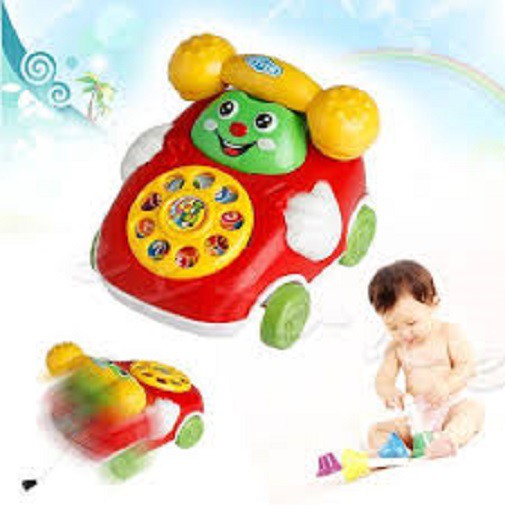 Mainan Telepon Motif Wajah Tersenyum Model Tarik Dengan Musik For baby Berkualitas Tinggi Berdering