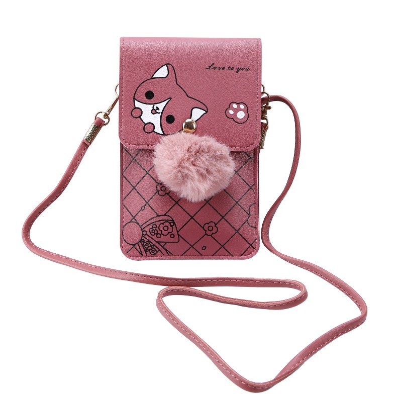 TAS SELEMPANG WANITA UNTUK HP MOTIF ANIMAL DENGAN BULU BOLA SLING BAG WOMEN COD IMPORT Azgalery T192