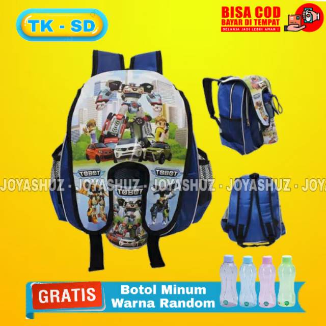 Joyashuz - Tas Sekolah Anak Karakter Robot Tobot - Ransel Anak SD Gratis Botol - Tas Anak Laki Laki