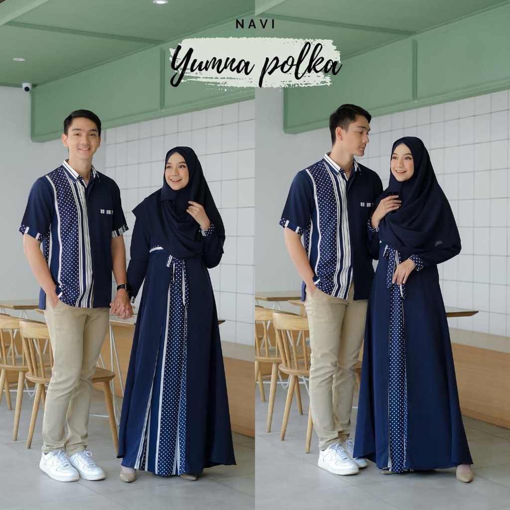 Baju Couple Gamis Lamaran Rafa Yumna Polka Warna Navi Hitam Abu Mauve Sarimbit Keluarga