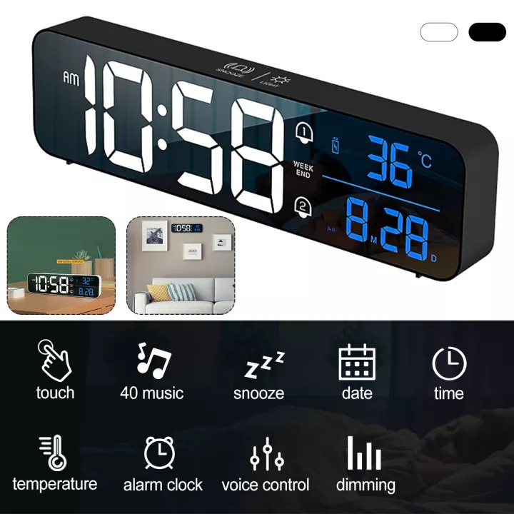 Jam Digital Fashion Jam Cermin LED Untuk Rumah Ruang Tamu Kamar Tidur Kantor Hiasan Dinding Music Alarm Clock Dengan Termometer Suhu Kalender LED Digital Display