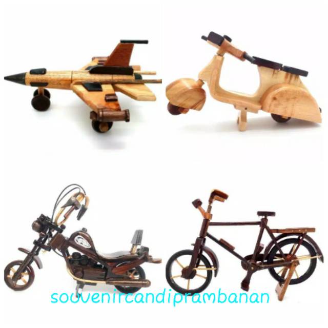 PAKET HEMAT MINIATUR KAYU KODE 3 ISI 4 PCS PESAWAT F16 VESPA HARLEY DAVIDSON &amp; SEPEDA ONTEL MURAH