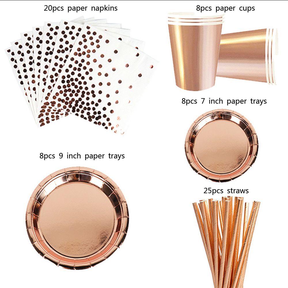 Preva Peralatan Makan Disposable Rose Gold Tema Dekorasi Ulang Tahun Pernikahan Jerami Paper Tray