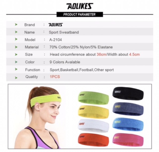 2104 AOLIKES HANDUK KEPALA HEADBAND SWEAT BAND FITNESS GYM YOGA TENNIS