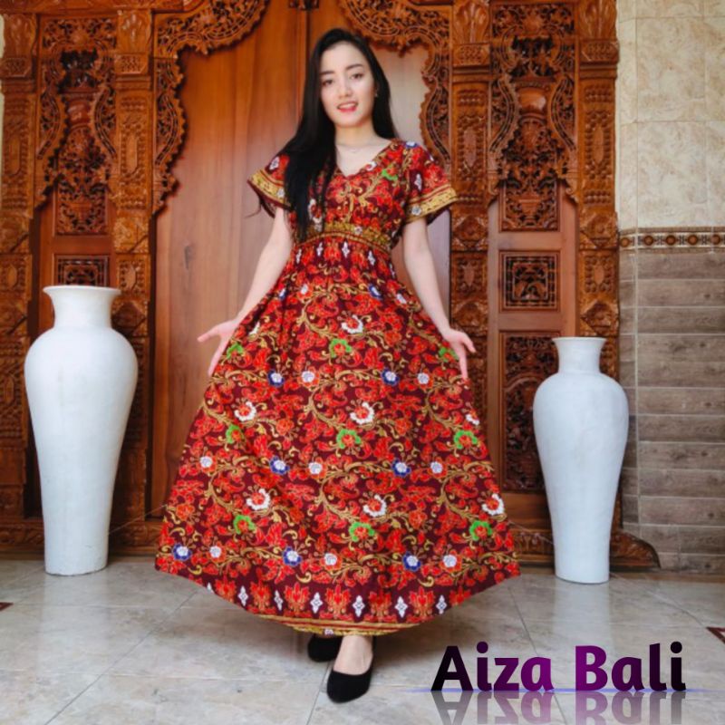 Dress Daster Mozza Panjang Motif Batik Orchids Lengan Pendek Rayon Super Premium Bali Terbaru Kekini