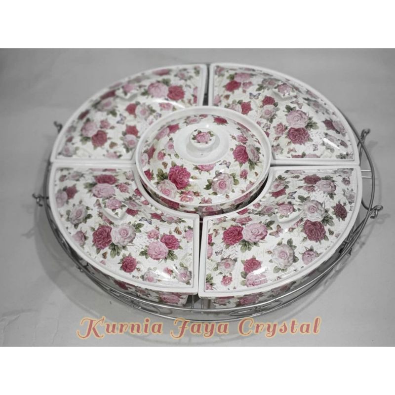 Prasmanan bulat keramik motif mawar/ Wadah Saji keramik Bulat Import 17'