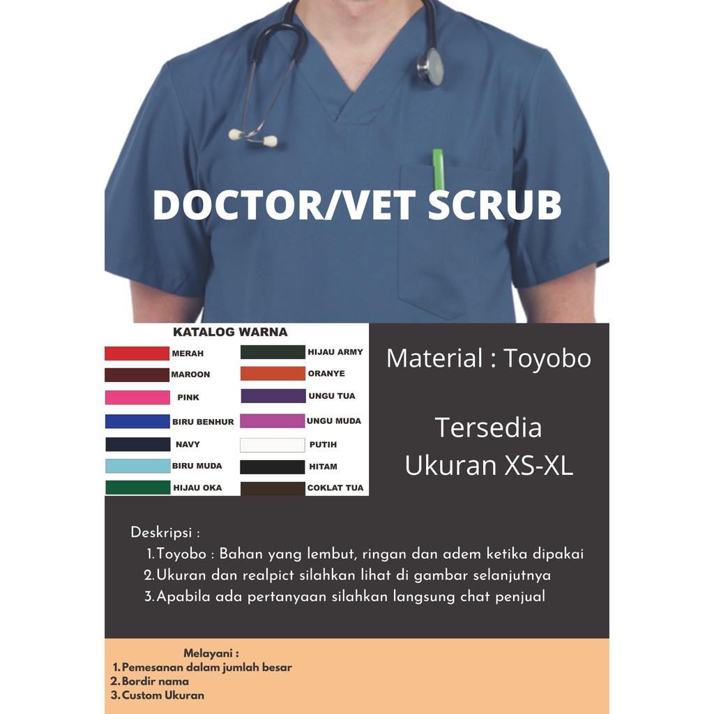 Baju Jaga Dokter Hewan Vet OKA APD Scrub Lengan Panjang XS-XL Kain Toyobo