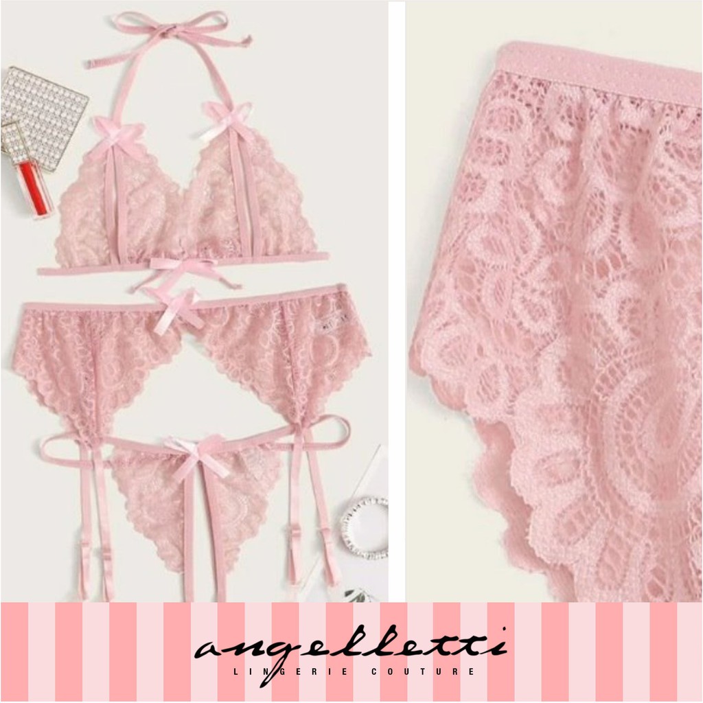 LINGERIE BARBARA BIKINI LACE GARTER CROTCHLESS LINGERIE SET
