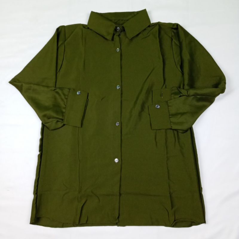 KEMEJA POLOS TANGAN SKODER | BAJU KANTOR PUTIH HITAM | KEMEJA FORMAL| ATASAN WANITA LENGAN PANJANG-Hijau army 27