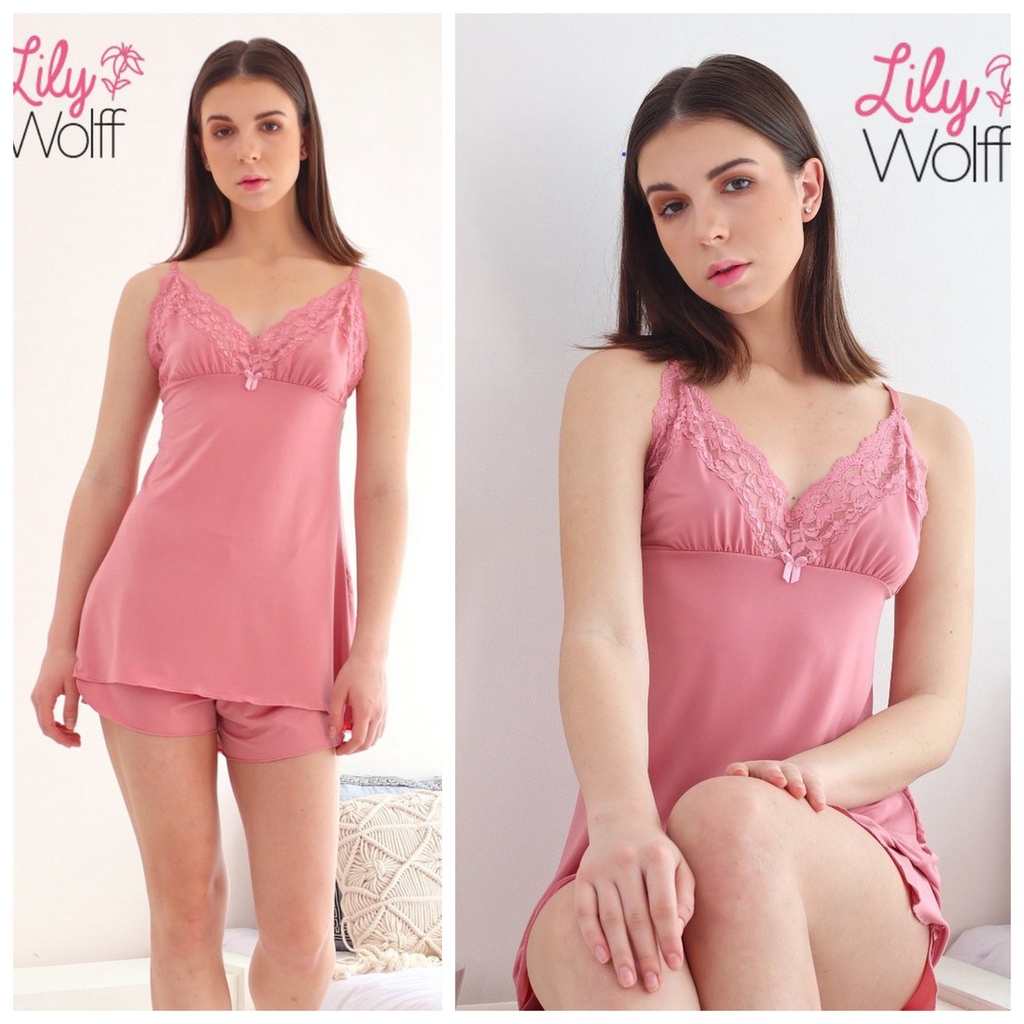 Lingerie Wanita Renda / Baju Tidur Piyama Setelan  LILY WOLFF, Premium Sleepwear LW5071PNK-2