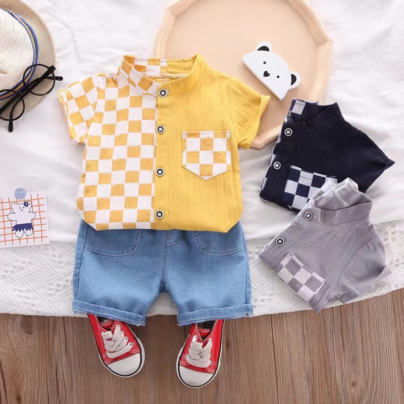 HappyOliver SET CHESS JEANS EBV Setelan Kaos Anak Bayi Laki-laki Pendek 6bulan - 4tahun