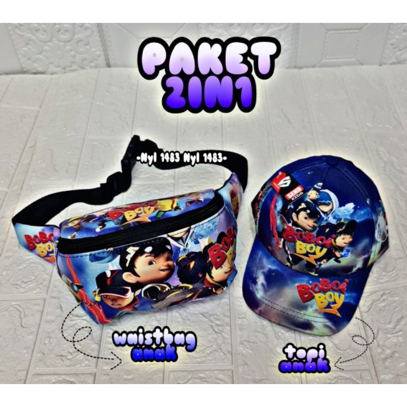 ( COD )Paket 2in1 Tas waistbag anak Karakter Boboiboy &amp; superhero + topi baseball anak